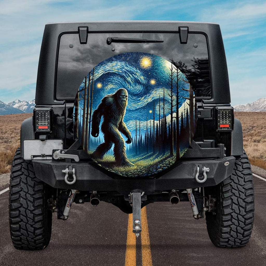 Bigfoot Starry Night Spare Tire Cover, Sasquatch Forest Jeep Tire Cover, PVC Leather Tire Cover, Outdoor Adventure Vehicle Accessory. TCPETAL18