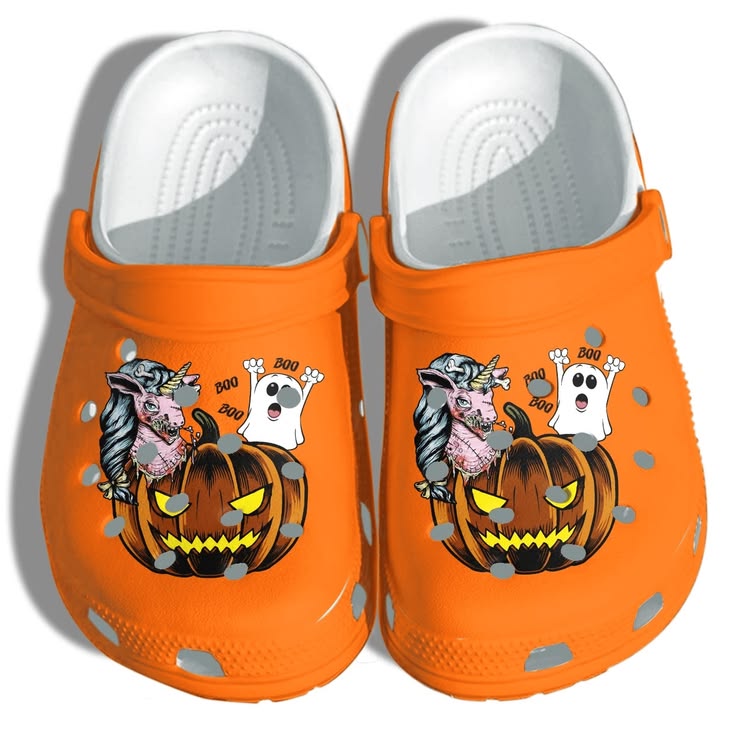 Halloween Unicorn Pumpkin Clogs – Orange Spooky Slip-On Shoes with Cute Ghost, Jack-O’-Lantern & Boo Design for Fall Halloween Gifts. CLPETAL19