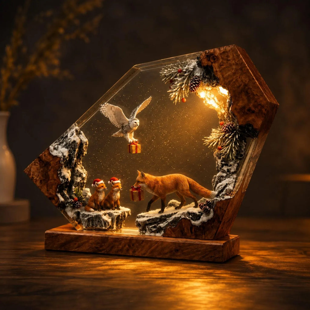 Snowy Owl and Fox Resin Lamp, Winter Wildlife Diorama Night Light, Rustic Burl Wood Lamp, Cozy Bedroom Accent Light, Nature Lover Gift. RLPETAL13