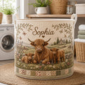 Personalized Highland Cow Quilted Laundry Basket, Custom Name Nursery Hamper, Baby Clothes Storage Bin, Baby Shower Gift	LBPETAL169