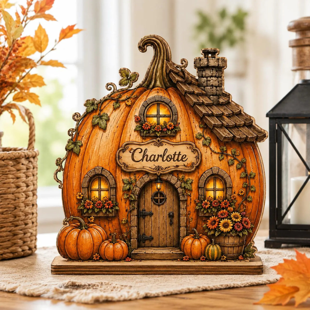 Personalized Pumpkin House Wooden Block, Custom Family Name Fall Decor, Autumn Cottage Shelf Sitter, Thanksgiving Home Gift. WBPETAL11