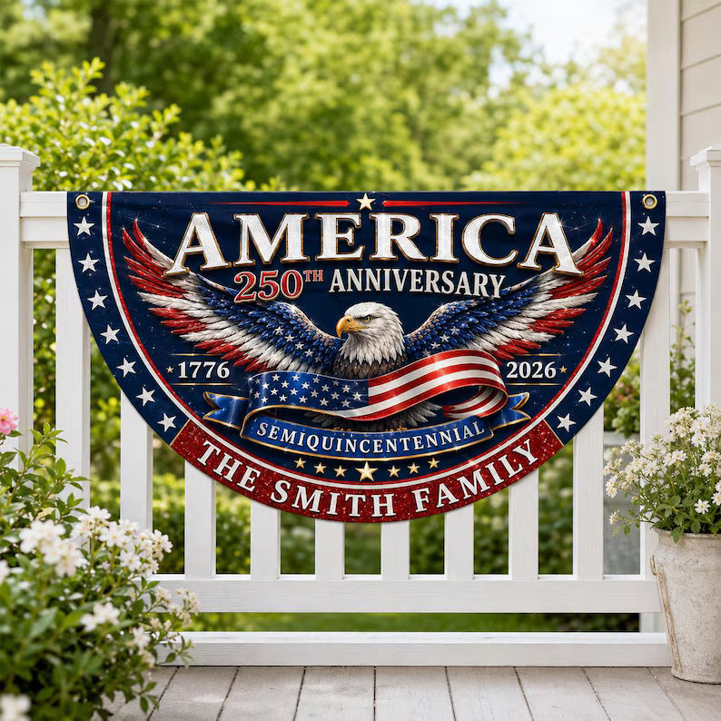 Custom Family Name America 250th Anniversary Fan Flag, 1776-2026 Semiquincentennial Patriotic Eagle Bunting, USA Outdoor Fence Decor. BPETAL10