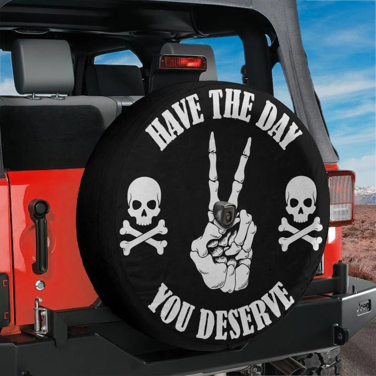 Have The Day You Deserve Spare Tire Cover, Skull Skeleton Hand Jeep Tire Cover, Gothic PVC Leather Tire Cover, Funny Off Road Vehicle Accessory. TCPETAL13