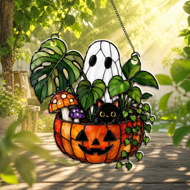 Cute Ghost Plant And Black Cat Acrylic Suncatcher, Pumpkin Window Hanging, Hangings Plant Lover Gift, Black Cat Lover, Halloween Decor. HSPETAL7