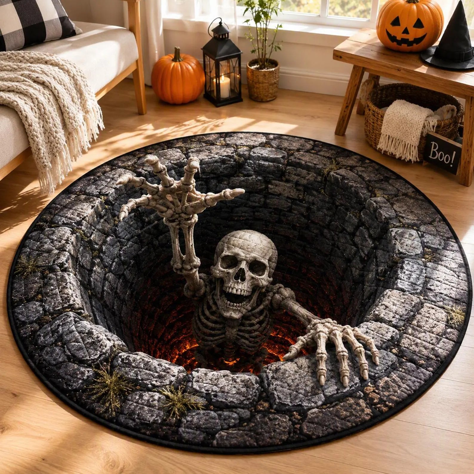 Halloween Quilted Rug, Skeleton Pit Round Rug, Spooky Floor Decor, Haunted House Rug, Halloween Home Decor, Horror Gift. QRPETAL18