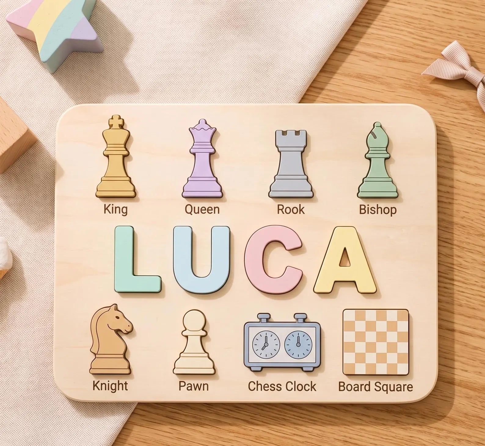 Personalized Wooden Name Puzzle, Chess Theme Toy, Montessori Learning, Nursery Decor. NPPETAL13