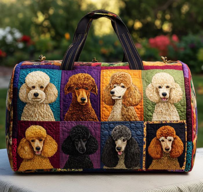Quilted Poodle Duffle Bag, Patchwork Dog Weekender Bag, Cute Travel Gym Bag for Women, Large Overnight Carry On