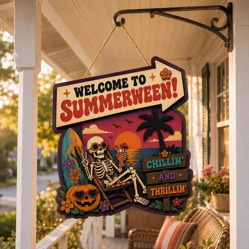 Summerween Wooden Sign, Skeleton Beach Decor, Halloween Summer Door Hanger, Chillin And Thrillin Sign, Coastal Halloween. HLWDHPETAL01