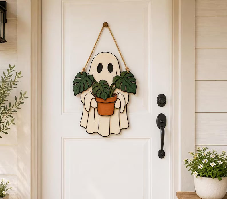 Ghost Plant Halloween Door Sign, Wooden Halloween Sign, Halloween Decor. Trick or Treat Halloween 2D Flat Sign, Wooden Halloween Door Sign, Halloween Gift. HLWDHPETAL07