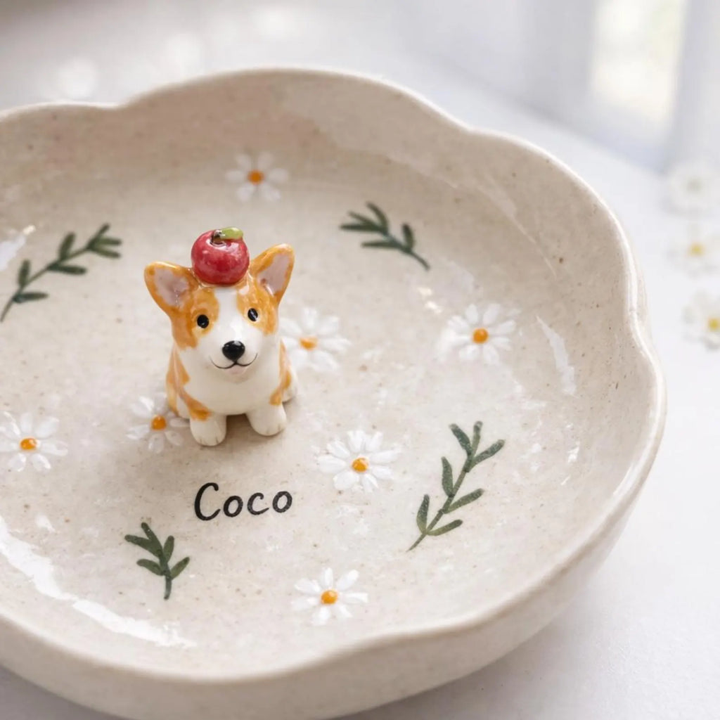 Custom 3D Pet Ring Dish, Daisy Ceramic Jewelry Tray, Hand-sculpted Dog Portrait Trinket Bowl. CPPETAL02
