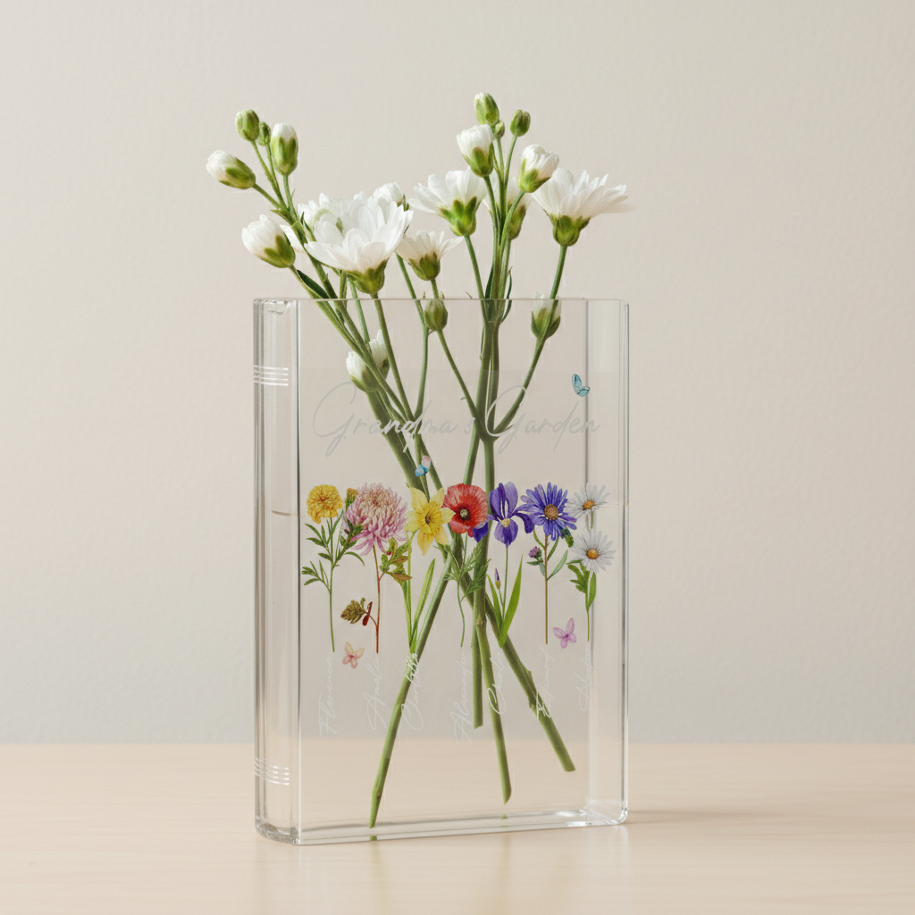Personalized Grandma's Garden Birth Month Flower Book Vase – Custom Gift with Grandkids’ Names, Meaningful Mother’s Day Gift for Grandma