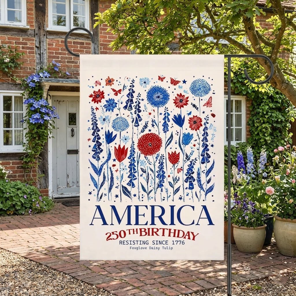 Patriotic USA Garden Flag, Anti Trump House Banner, America 250th Birthday, Subtle F Trump, Semiquincentennial, Foxglove Daisy Tulip. GFPETAL01