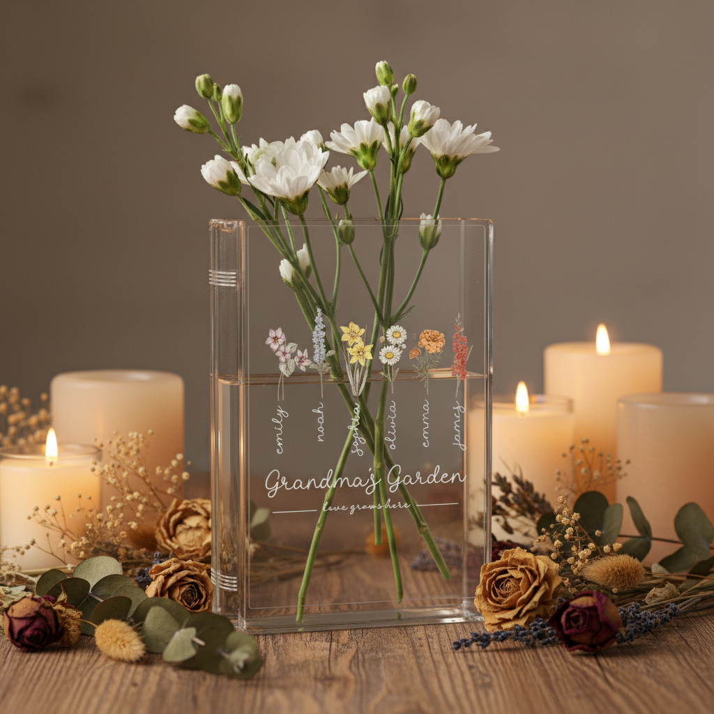 Grandma's Garden Book Vase – Personalized Birth Flower Decor for Grandma, Perfect Mother's Day & Christmas Gift