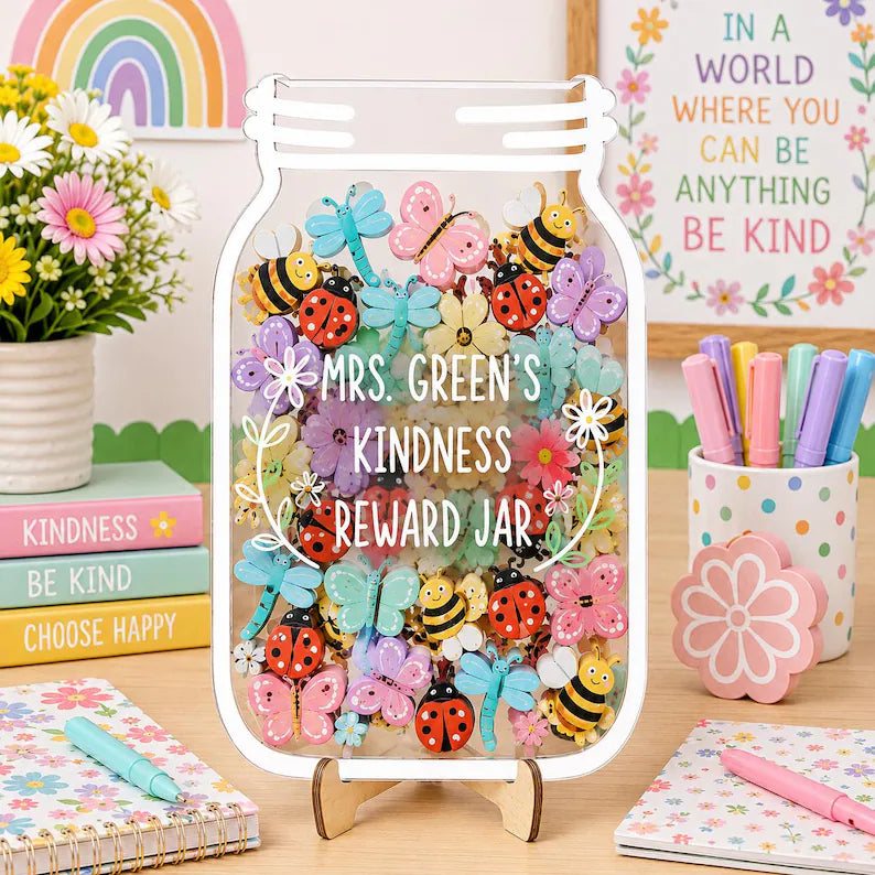 Personalized Kindness Reward Jar, Wooden Garden Theme Classroom Incentive, Custom Insect Token Board for Kids, Back to School Gift. RJPETAL02