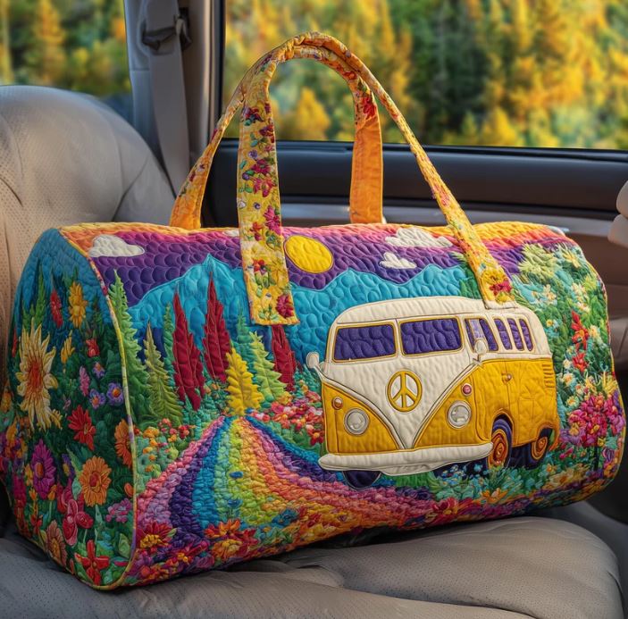 Colorful Camper Van Quilted Duffle Bag – Boho Floral Travel Weekender Tote, Hippie Rainbow Overnight Bag, Cute Summer Duffel Gift for Women