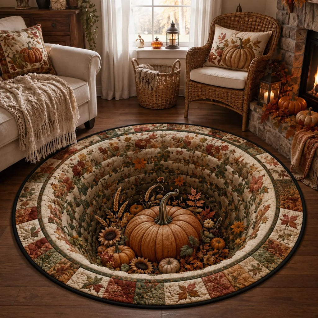 3D Pumpkin Patch Area Quilted Rug, Fall Harvest Rug, Autumn Patchwork Round Rug, Farmhouse Home Decor, Thanksgiving Floor Cozy Seasonal Rug. QRPETAL40