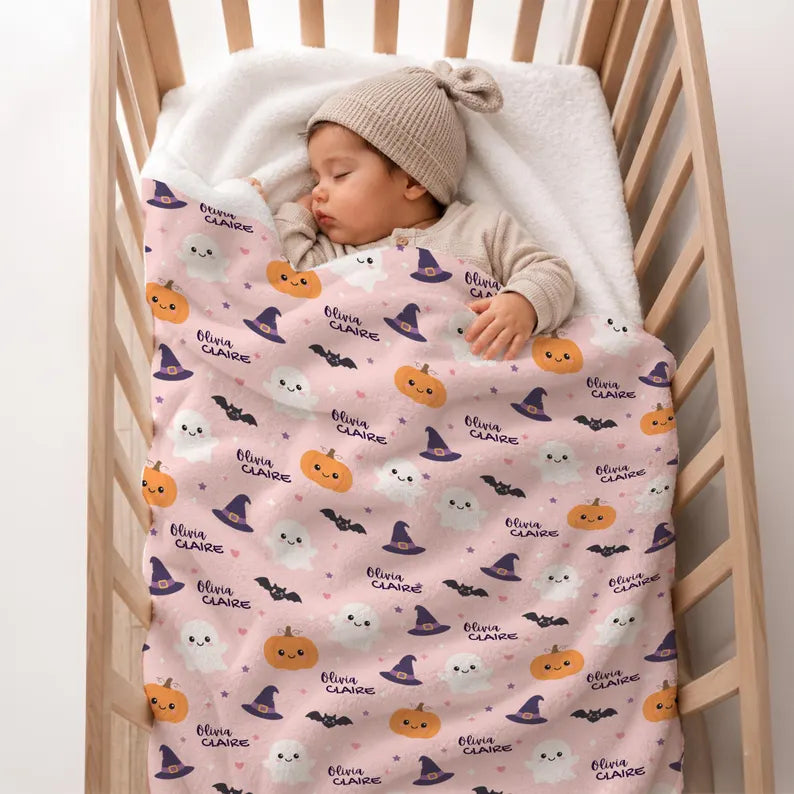 Personalized Halloween Baby Newborn Girl Boy Blanket | Custom Baby Name Blanket | Baby's First Halloween Gift | Cute Ghost Pumpkin Blanket. BLKPETAL9