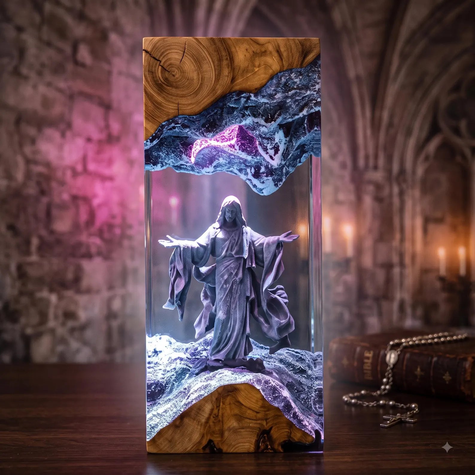 Jesus Christ Lamp in Resin and Wood, Catholic Night Light, Religious Decoration, Christian Baptism Gift, Handmade Spiritual Art. RLPETAL12