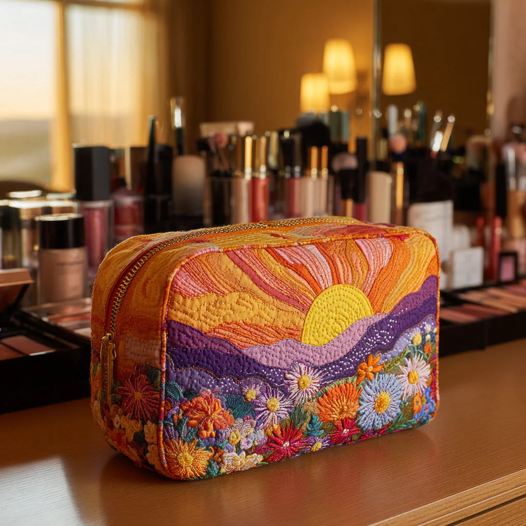 Quilted Sunset Wildflower Makeup Bag, Colorful Floral Cosmetic Pouch, Travel Toiletry Organizer – QMBPETAL1