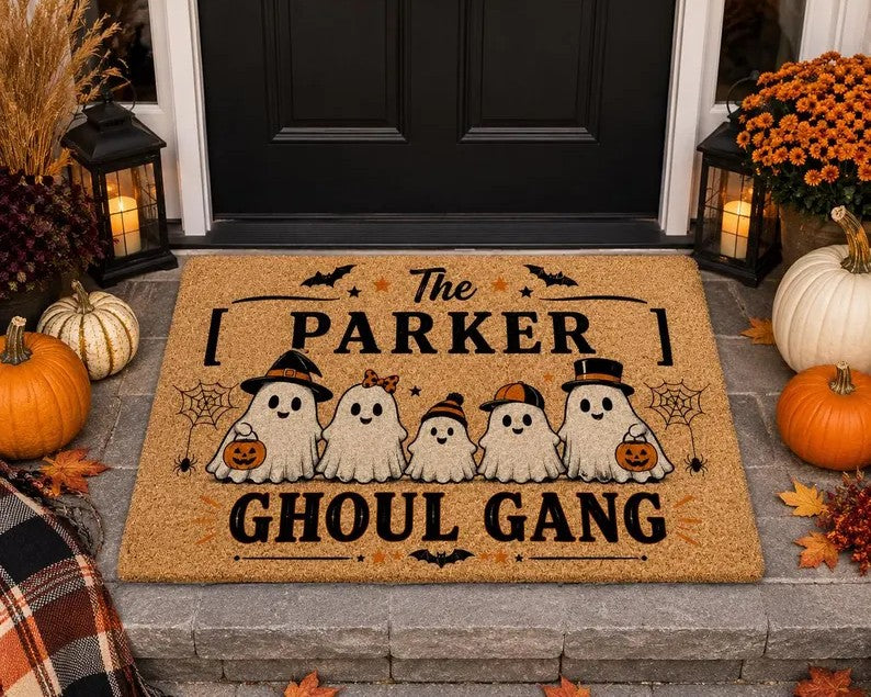 Personalized Halloween Doormat, Ghoul Gang Family Name Mat, Custom Ghost Doormat, Fall Porch Decor, Halloween Welcome Mat Gift. DMPETAL14