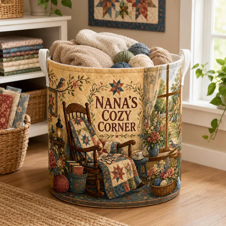 Personalized Nana Quilted Laundry Basket, Custom Cozy Corner Storage Bin, Grandma Reading and Craft Room Gift LBPETAL150