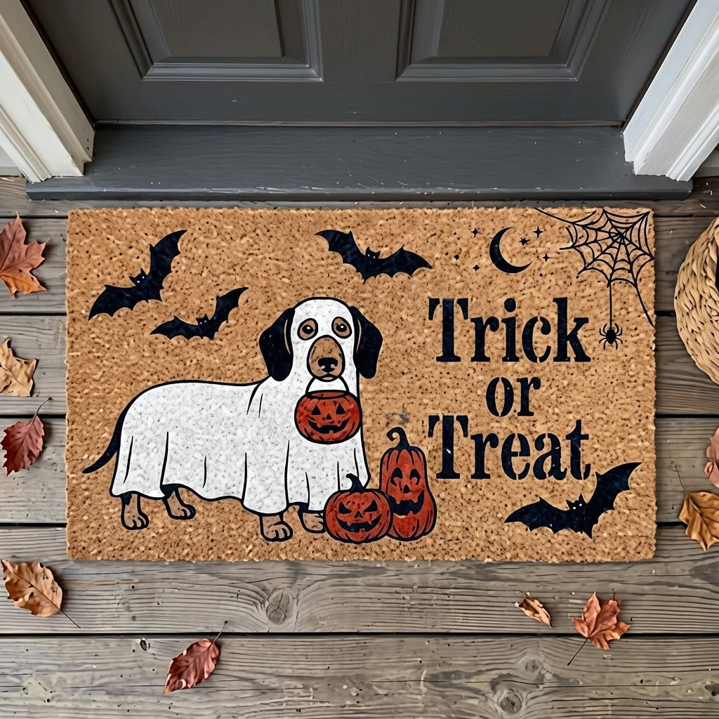 Halloween Dog Doormat, Trick or Treat Welcome Mat, Funny Ghost Dog Porch Decor, Pumpkin Front Door Rug, Spooky Housewarming Gift. DMPETAL4