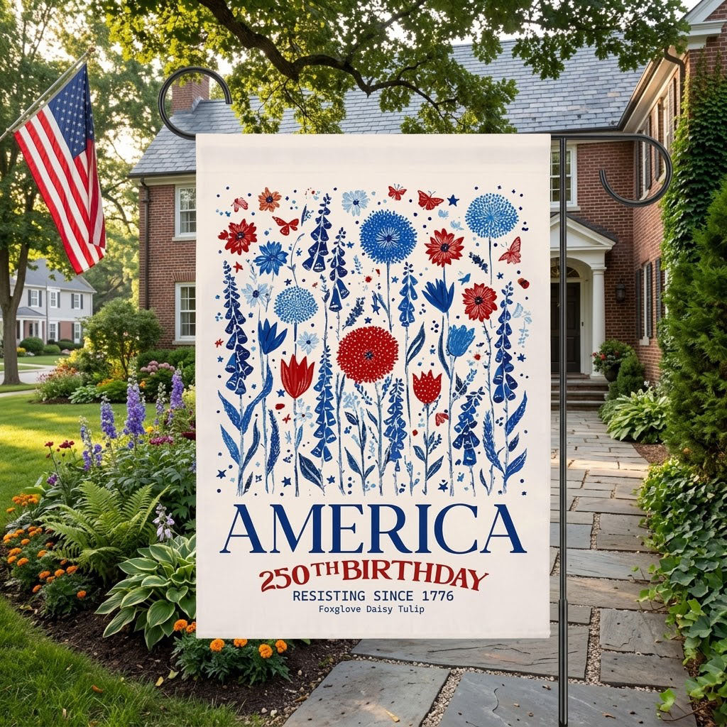 Patriotic USA Garden Flag, Anti Trump House Banner, America 250th Birthday, Subtle F Trump, Semiquincentennial, Foxglove Daisy Tulip. GFPETAL01