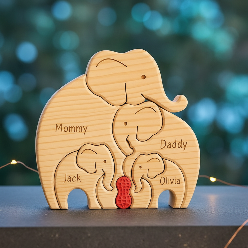 Personalized Wooden Elephant Family Decor, Custom Name Carved Wood Sign, Family Gift with Red Heart, Home Shelf Decor