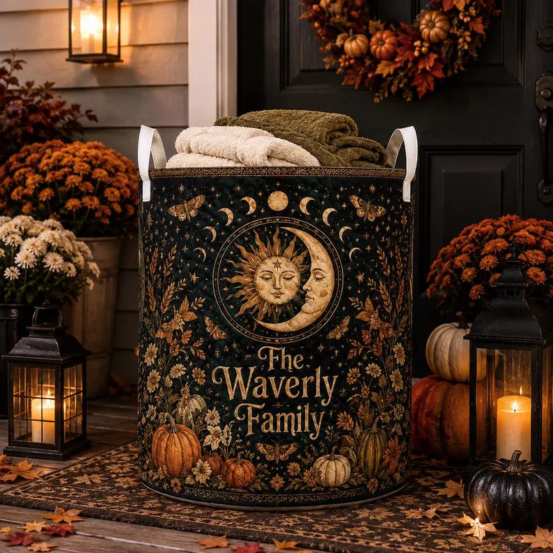 Personalized Celestial Halloween Quilted Laundry Basket, Custom Family Name Laundry Hamper, Sun Moon Pumpkin Storage Bin, Witchy Fall Home Decor LBPETAL149