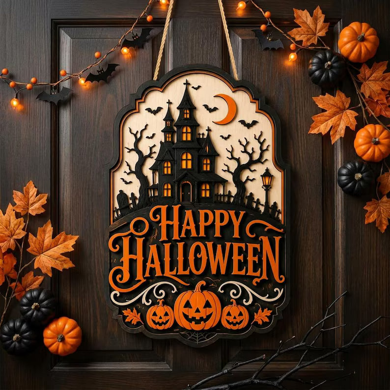 Halloween Door Sign, Haunted House Wood Hanger, Spooky Pumpkin Decor, Happy Halloween Wall Decor. HLWDHPETAL05