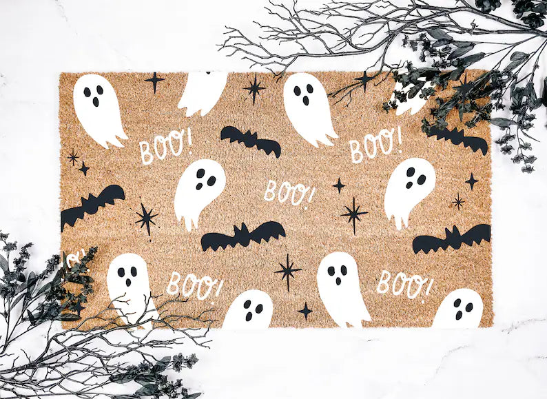 Halloween Doormat, Ghost & Bat Pattern, Fall Decor, Welcome Mat, Happy Halloween Fun Decorative Welcome Mat for Spooky Season. DMPETAL22