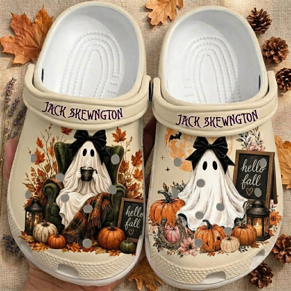 Personalized Hello Fall Ghost Clogs – Cute Halloween Pumpkin Shoes. Happy Halloween Ghost Pumpkin. CLPETAL09
