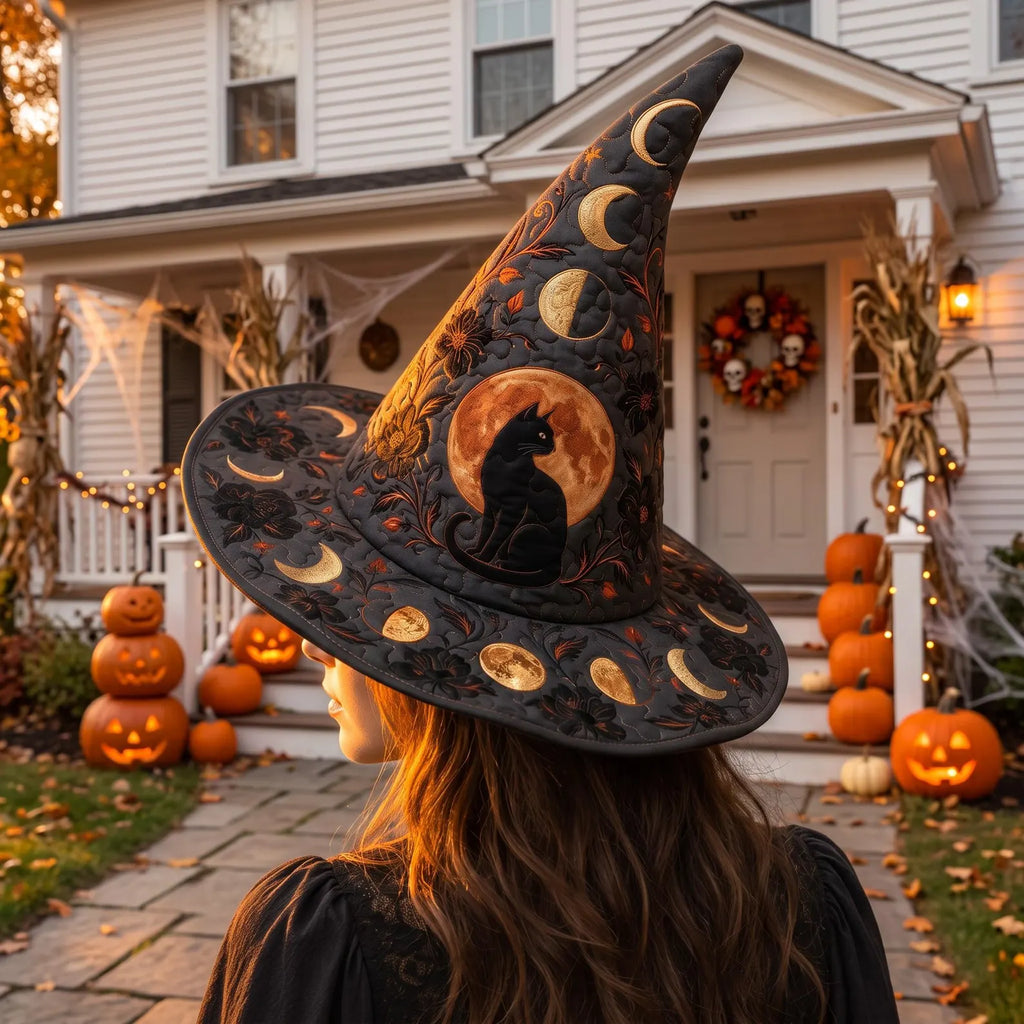 Quilted Witch Hat, Black Cat Moon Halloween Costume, Celestial Gothic Witchcore Accessory, Spooky Gift. QWHPETAL20