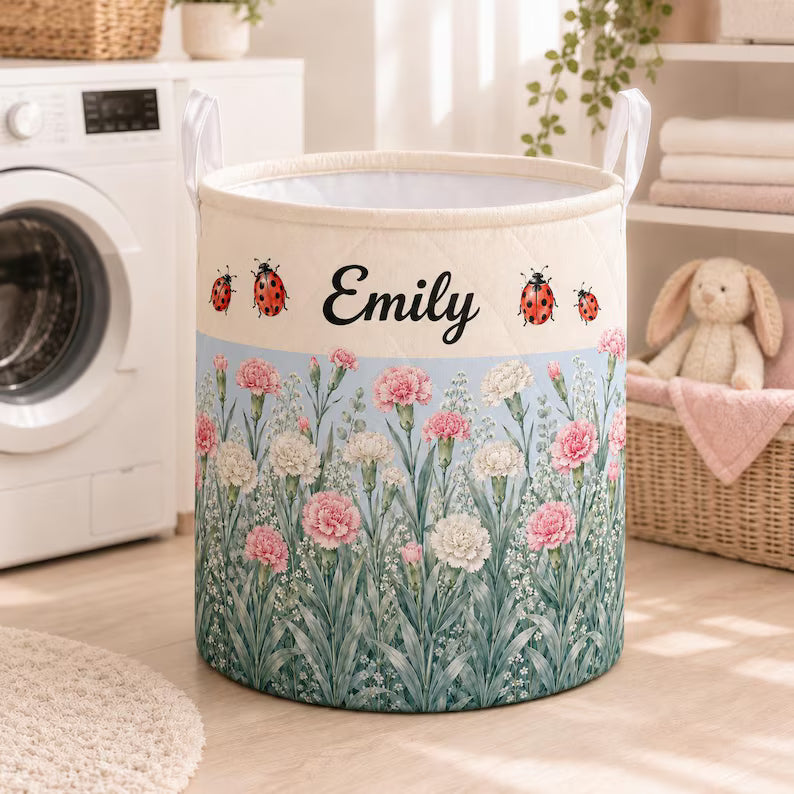 Personalized Birth Month Flower Quilted Laundry Basket, Custom Birth Flower Name Storage Basket, Bookworm Gift For Her LBPETAL151