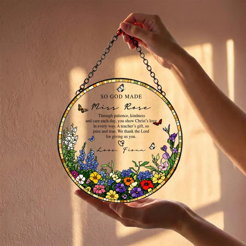 Custom Name Teacher Stained Glass Suncatcher, Personalized Thank You Teacher Gift, Christian Mentor Appreciation Window Hanging Keepsake. SUNPETAL01