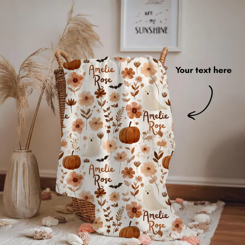 Personalized Boho Ghost Pumpkin Blanket Halloween Floral Velveteen Plush Fall Baby Shower Gift Autumn Room Decor. BLKPETAL5