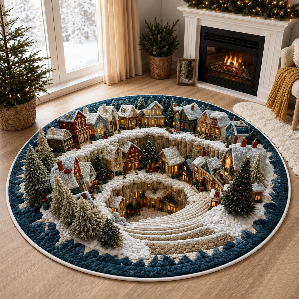 Snow Town Spiral Staircase 3D Round Rug, Christmas Snowy Village Vortex Optical Illusion Floor Mat, Non Slip Xmas Decor, Christmas Gift. QRPETAL06