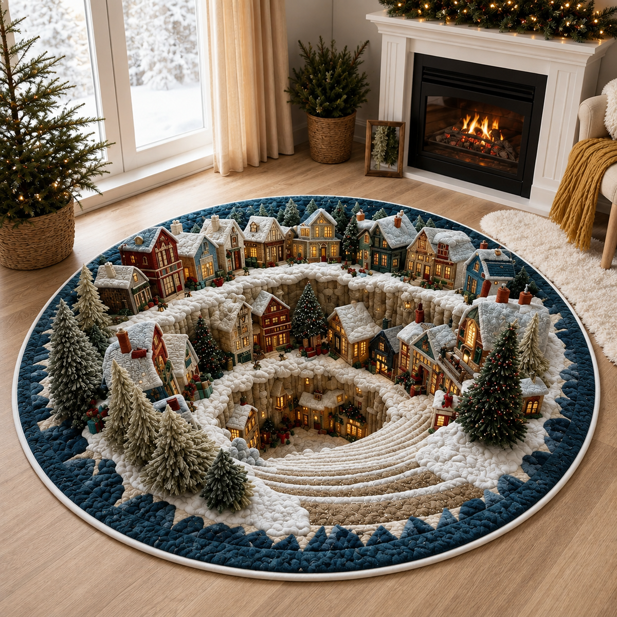 Snow Town Spiral Staircase 3D Round Rug, Christmas Snowy Village Vortex Optical Illusion Floor Mat, Non Slip Xmas Decor, Christmas Gift. QRPETAL06