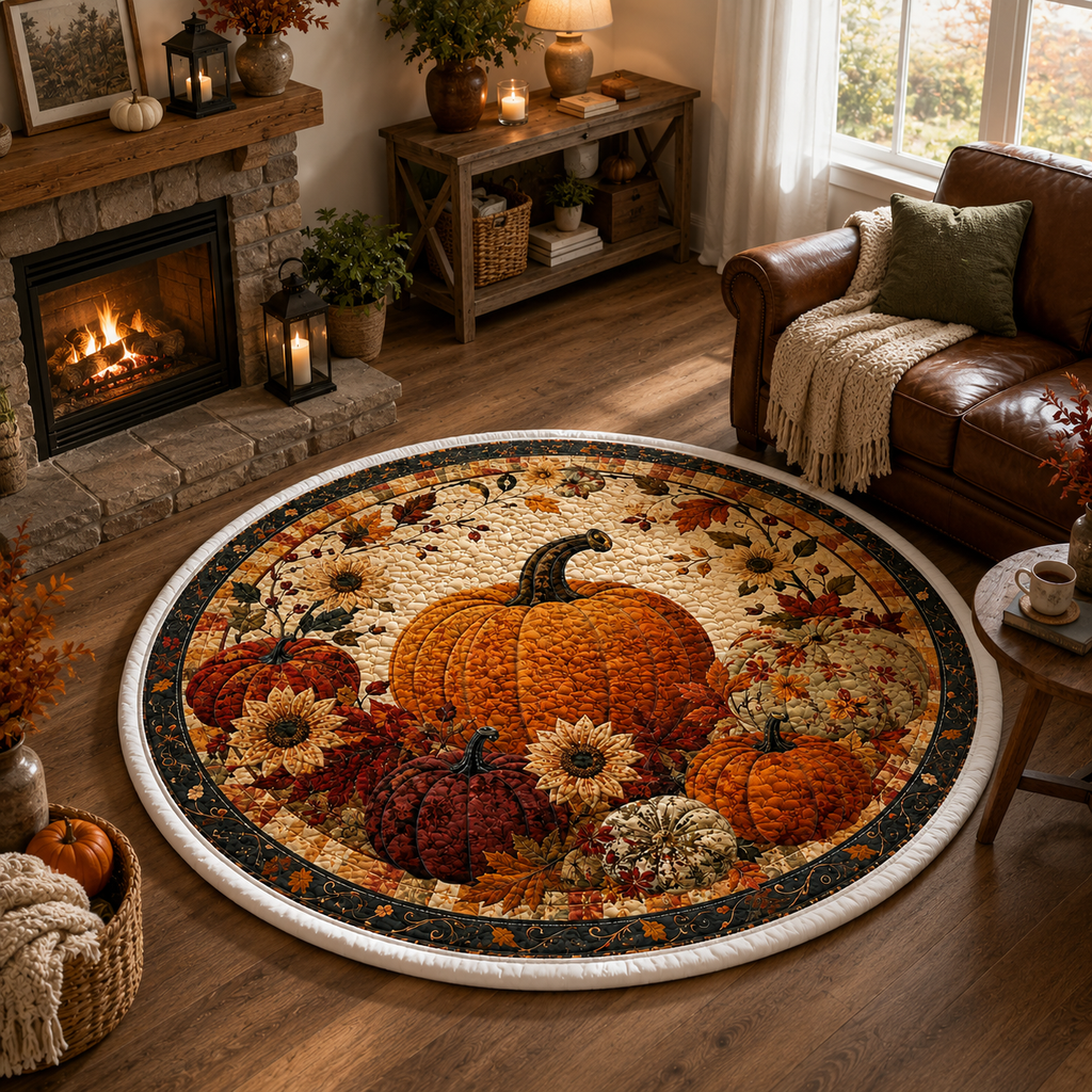 Round Pumpkin Quilted Rug, Autumn Patchwork Farmhouse Mat. QRPETAL15