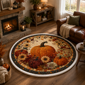 Round Pumpkin Quilted Rug, Autumn Patchwork Farmhouse Mat. QRPETAL15