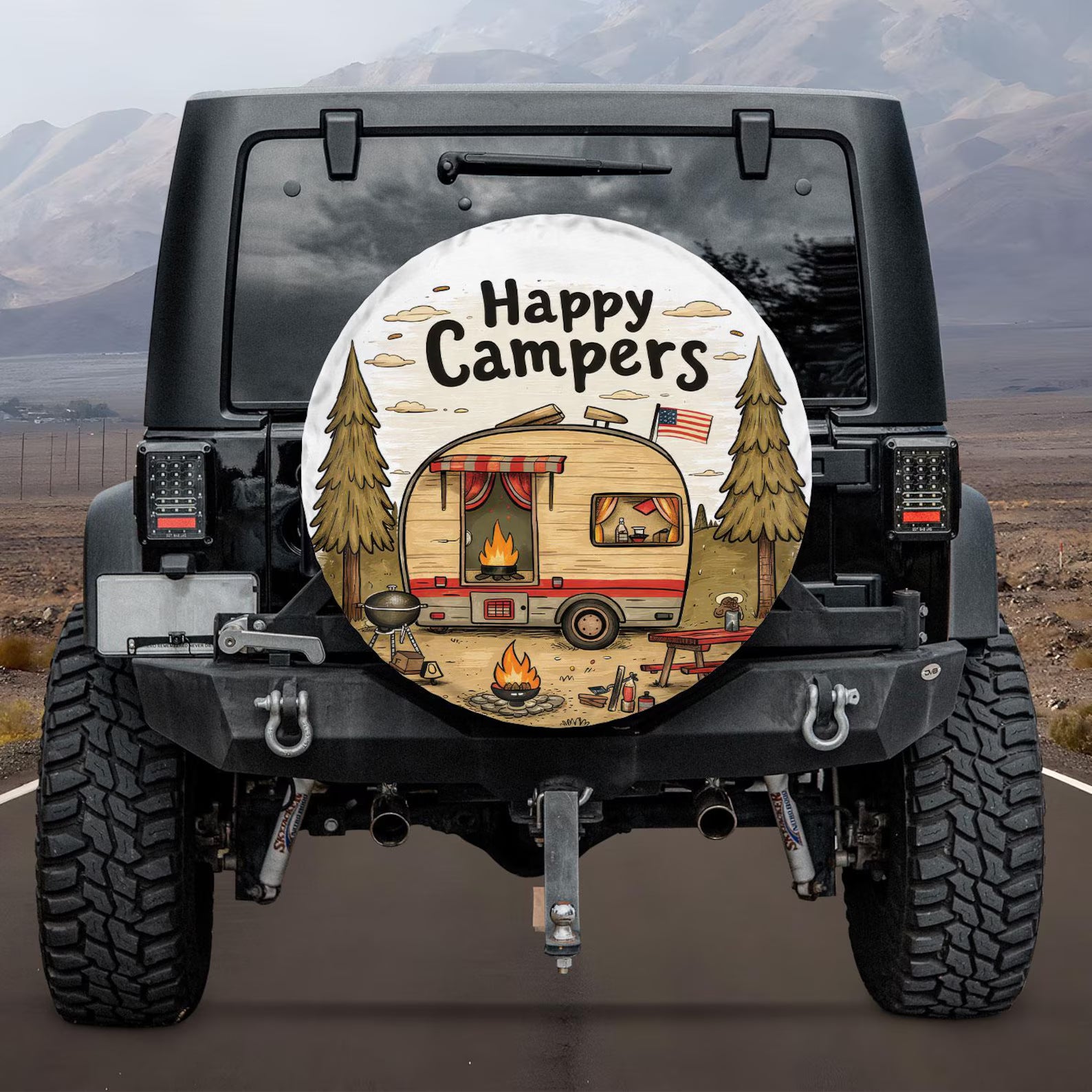 Happy Campers Spare Tire Cover, Vintage Camper RV Tire Cover, Camping Trailer Jeep Accessories, Outdoor Adventure Vehicle Gift. TCPETAL15