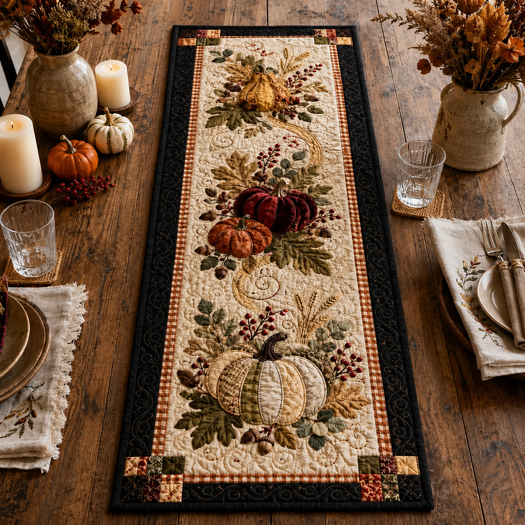 Autumn Harvest Pumpkin Quilted-Style Table Runner, Thanksgiving Farmhouse Decor. QTRPETAL6