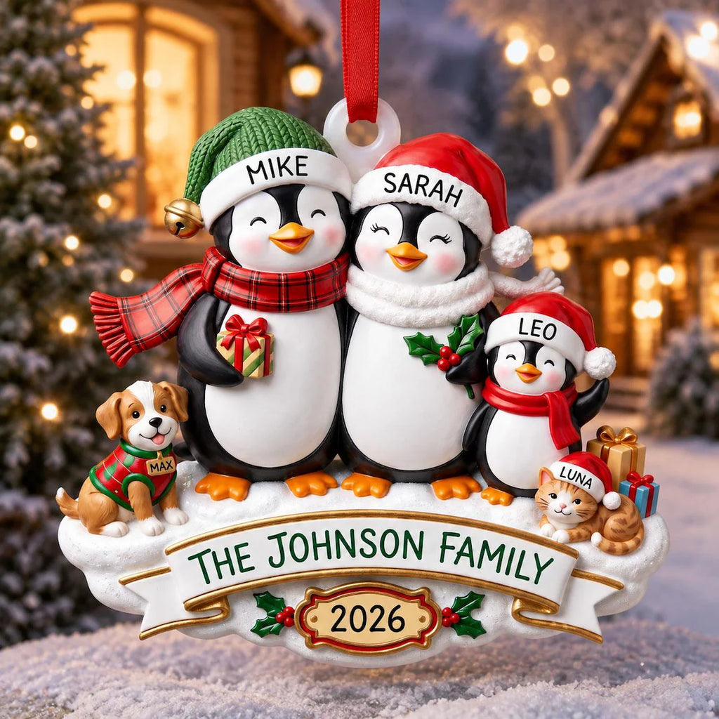Personalized Penguin Family Ornament, Custom Name Christmas Ornament with Pets, Dog & Cat Family Keepsake, Family Christmas Gift 2026 COPETAL63