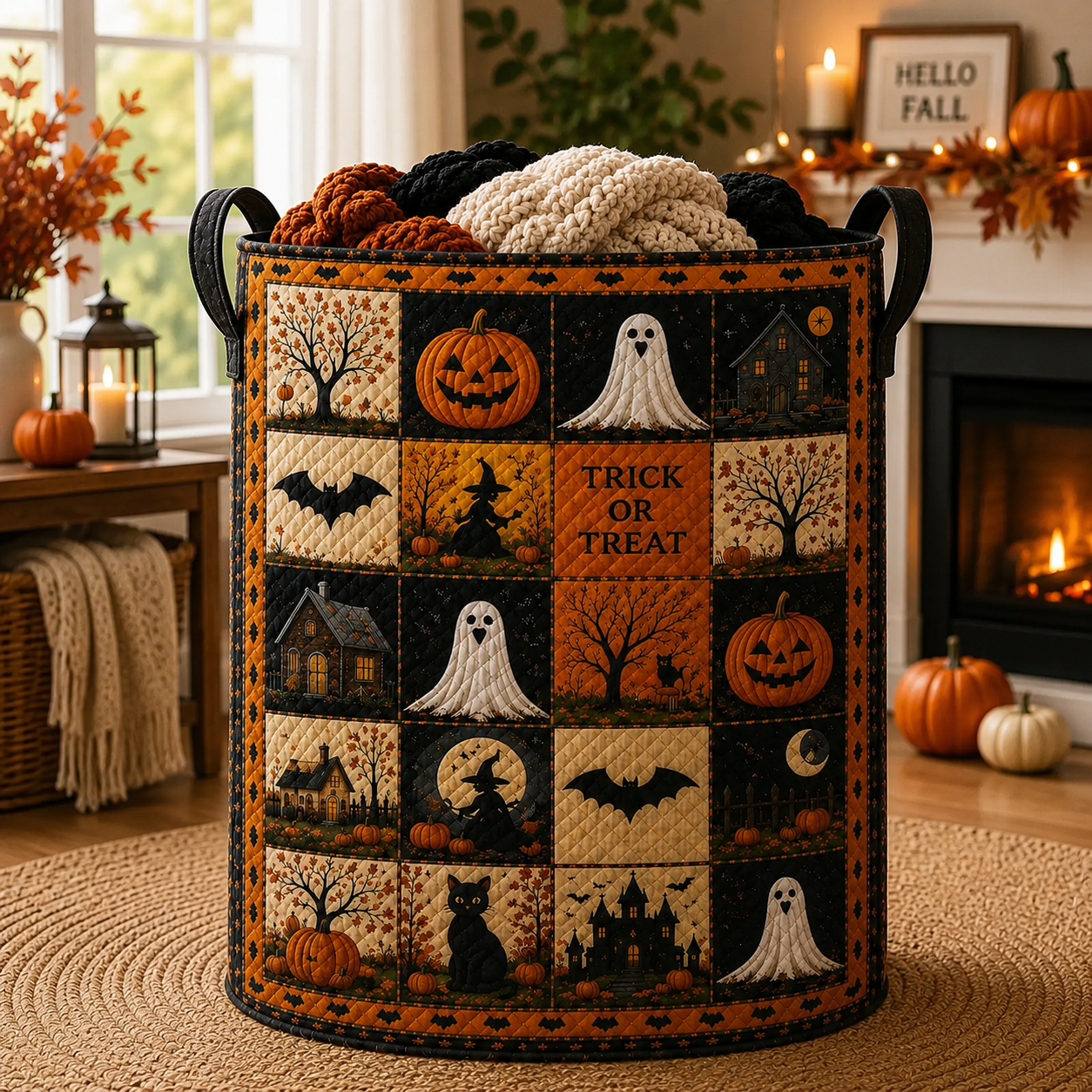 Halloween Patchwork Quilted Laundry Basket, Trick Or Treat Hamper, Pumpkin Ghost Bat Storage Bin, Spooky Halloween Decor. HLWLBPETAL9