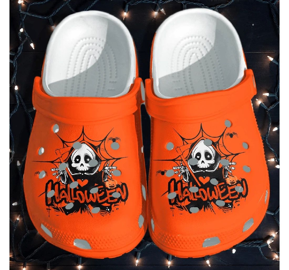 Halloween Orange Skull Clogs – Spooky Spider Web Fall Shoes. Happy Halloween Ghost Pumpkin. CLPETAL05