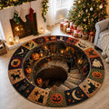 Halloween Black Cat Circle Rug, 3D Vortex Illusion Round Rug, Fall Autumn Leaves Spooky Decor, Witchy Floor Carpet Gift for Halloween. QRPETAL32