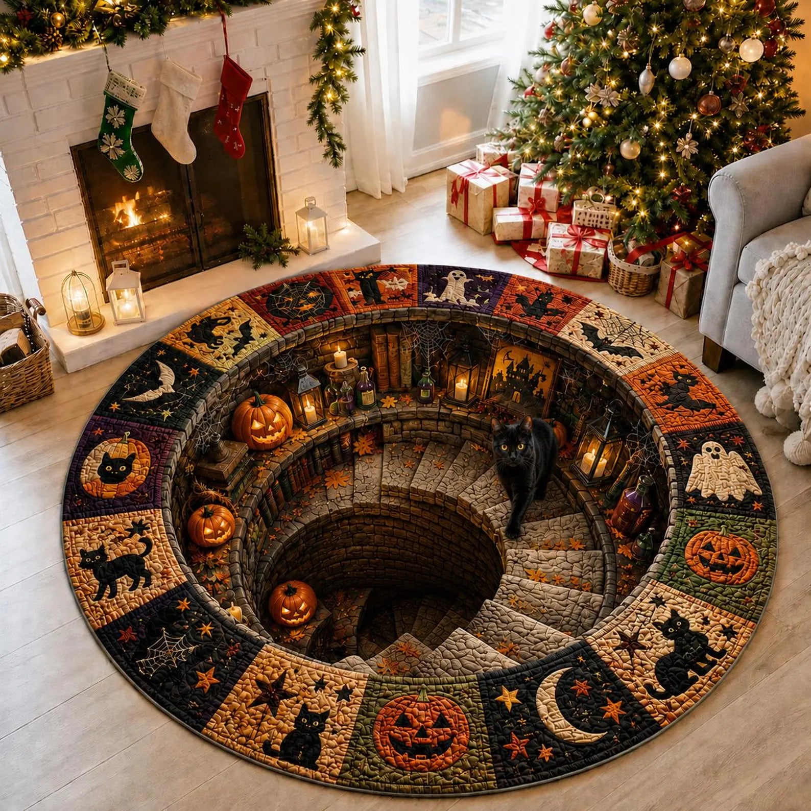 Halloween Black Cat Circle Rug, 3D Vortex Illusion Round Rug, Fall Autumn Leaves Spooky Decor, Witchy Floor Carpet Gift for Halloween. QRPETAL32