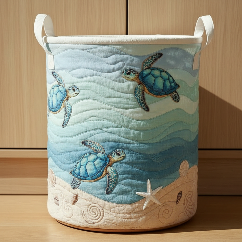 Sea Turtle Quilted Laundry Basket – Ocean Storage Bin, Coastal Fabric Hamper, Beach House Decor Organizer