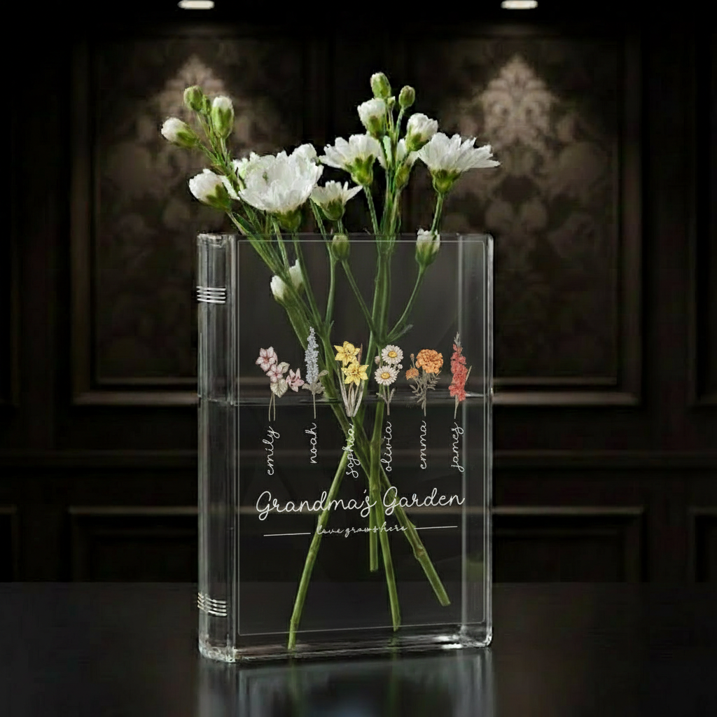 Grandma's Garden Book Vase – Personalized Birth Flower Decor for Grandma, Perfect Mother's Day & Christmas Gift