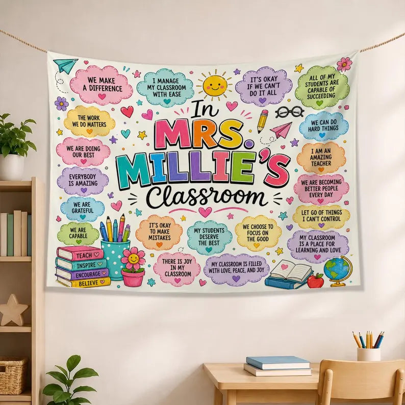 Personalized Teacher Classroom Tapestry,personalized teacher banner. Custom Affirmation Banner, Name Wall Hanging. Classroom Banner Custom Name. CBPETAL12